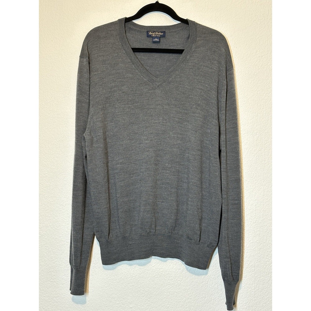 Brooks Brothers Saxon Wool Mens XL‎ Gray V Neck Pullover Long Sleeve Lightweight